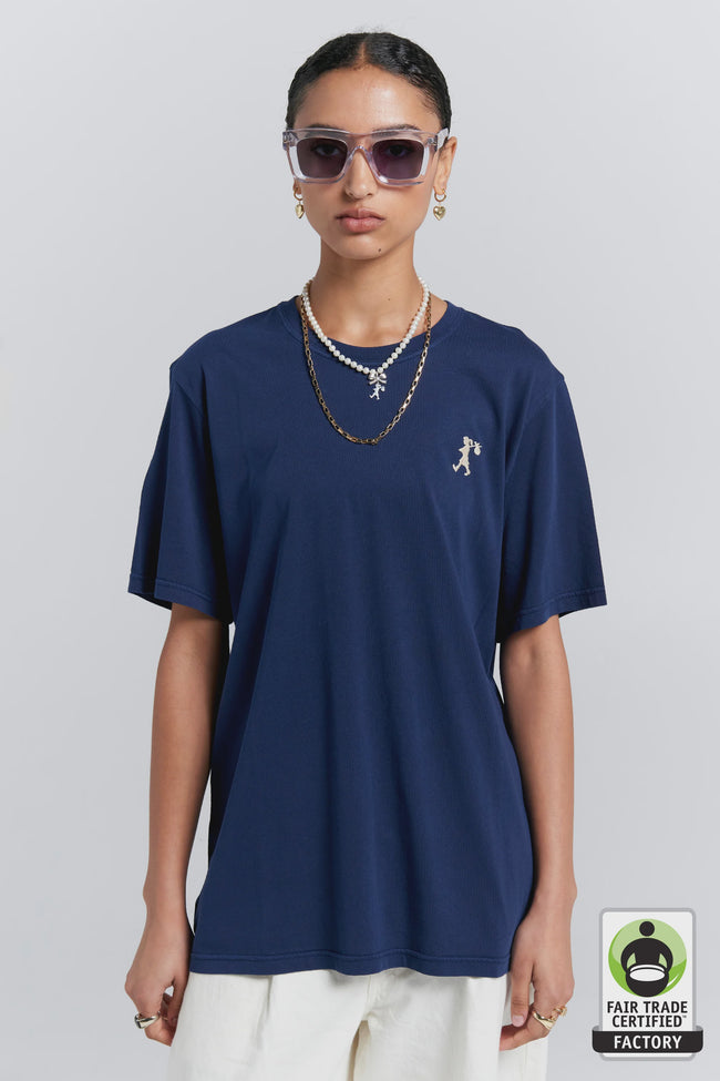 Embroidered Runaway Girl - Classic Organic Cotton T-Shirt - Navy-KAREN WALKER-P&amp;K The General Store