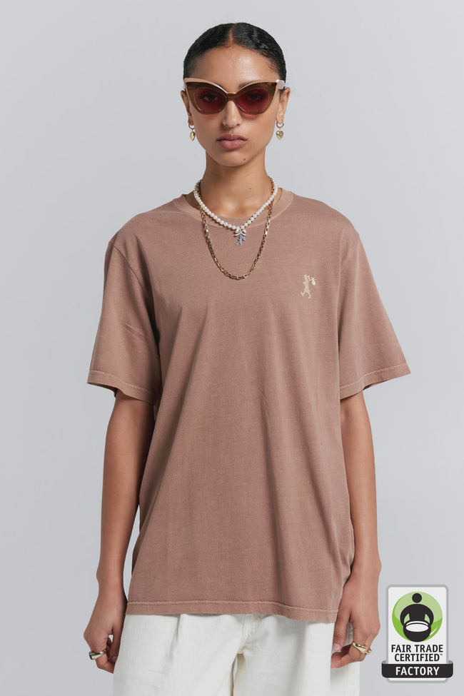 Embroidered Runaway Girl - Classic Organic Cotton T-Shirt - Taupe-KAREN WALKER-P&amp;K The General Store