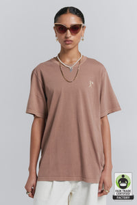 Embroidered Runaway Girl - Classic Organic Cotton T-Shirt - Taupe-KAREN WALKER-P&amp;K The General Store